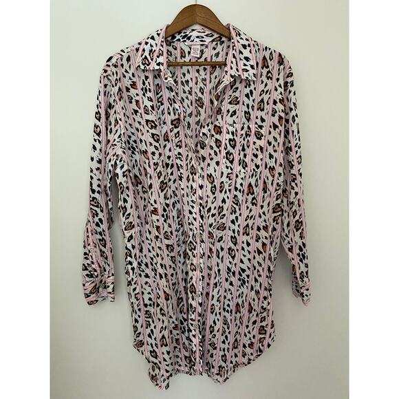 Victoria Secret Long Sleeve Button Down Nightgown Sleep Dress Leopard Pink - Picture 1 of 10